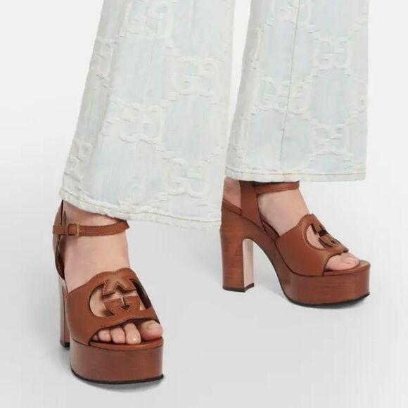 GUCCI Cosmos Softy Cutout Interlocking G Brown Platform Heel Size 40.5 Sandal - Picture 3 of 15